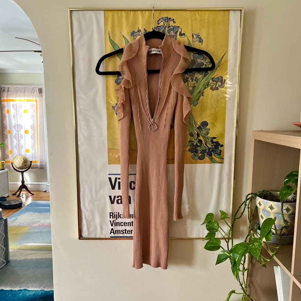 Self portrait ribbed knit ruffle long sleeve dress size small bodycon